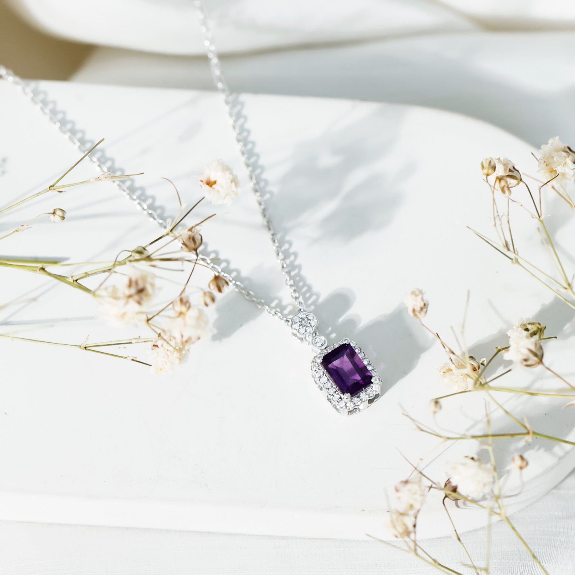 Genuine 1.1 Carat Emerald Cut Amethyst Vintage Necklace with Diamond HaloPendants