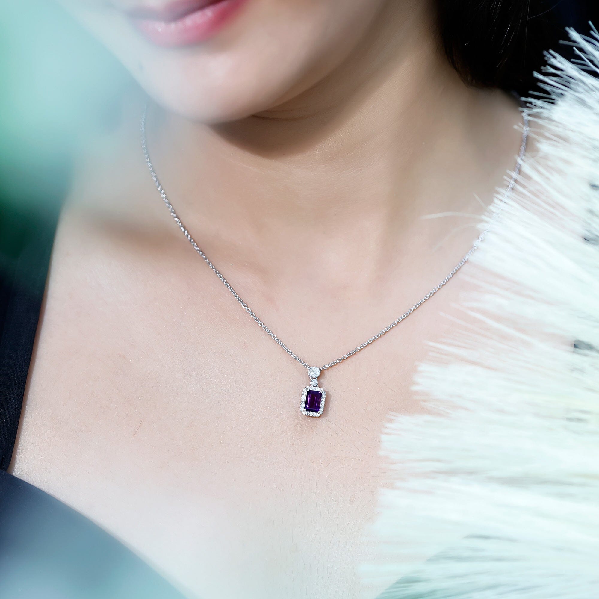 Genuine 1.1 Carat Emerald Cut Amethyst Vintage Necklace with Diamond HaloPendants