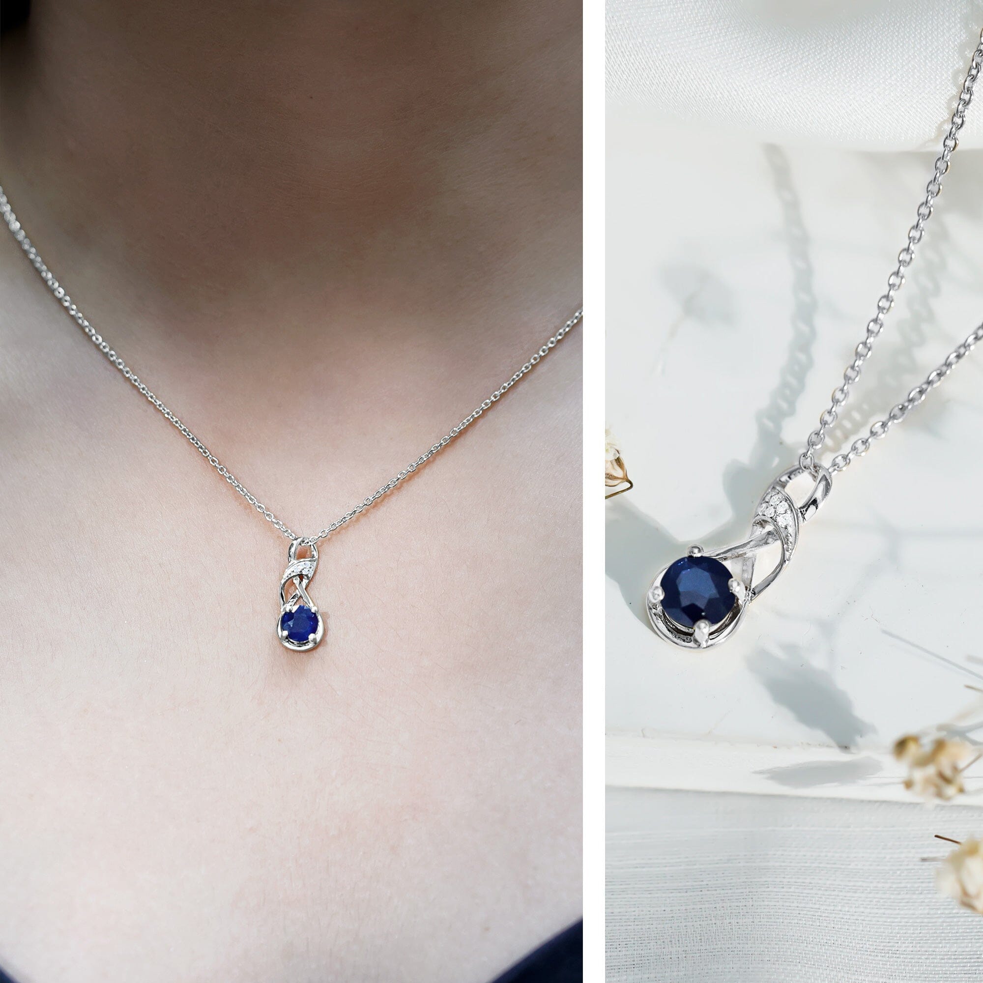 Natural 1 Carat Blue Sapphire Infinity Necklace with Silver ChainPendants
