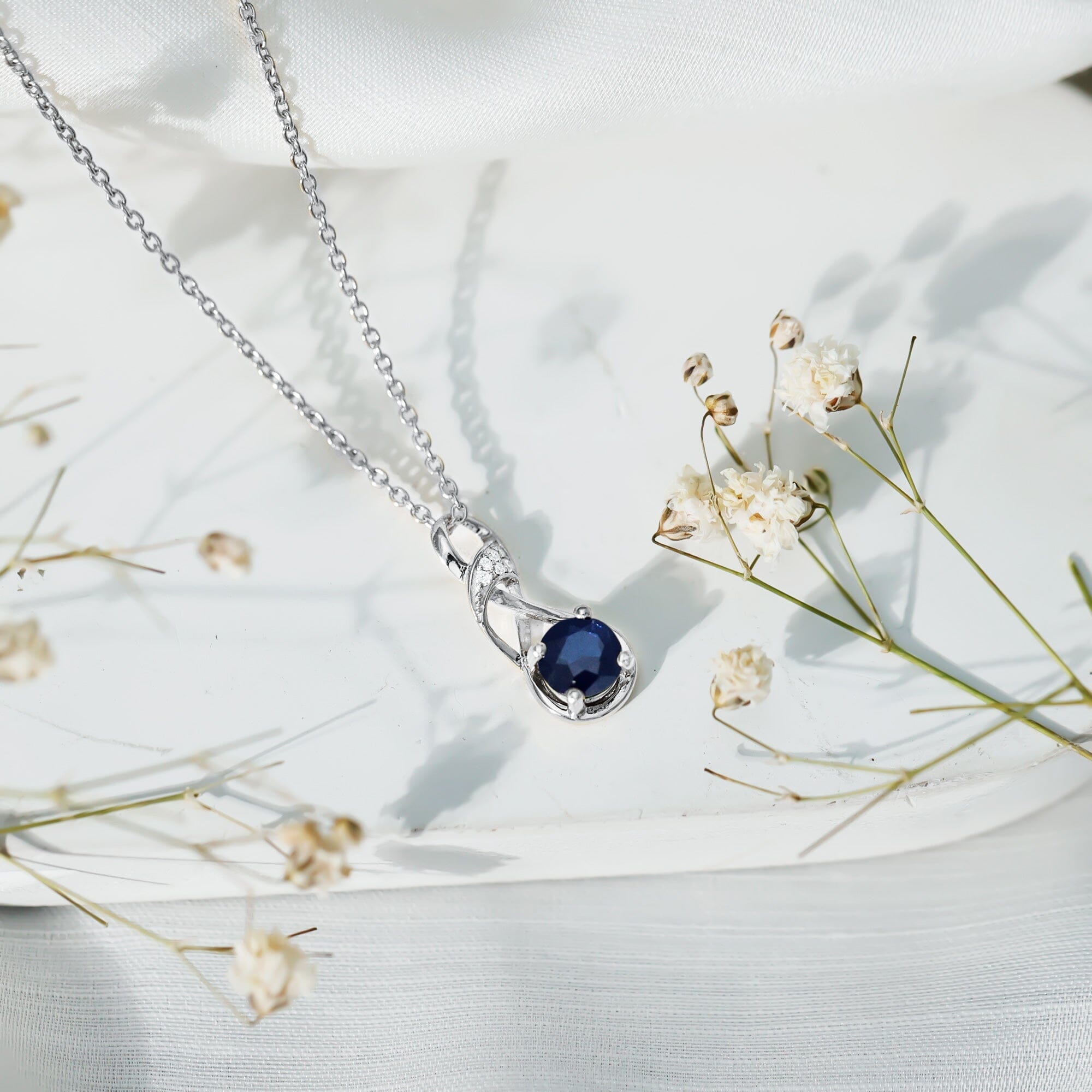 Natural 1 Carat Blue Sapphire Infinity Necklace with Silver ChainPendants