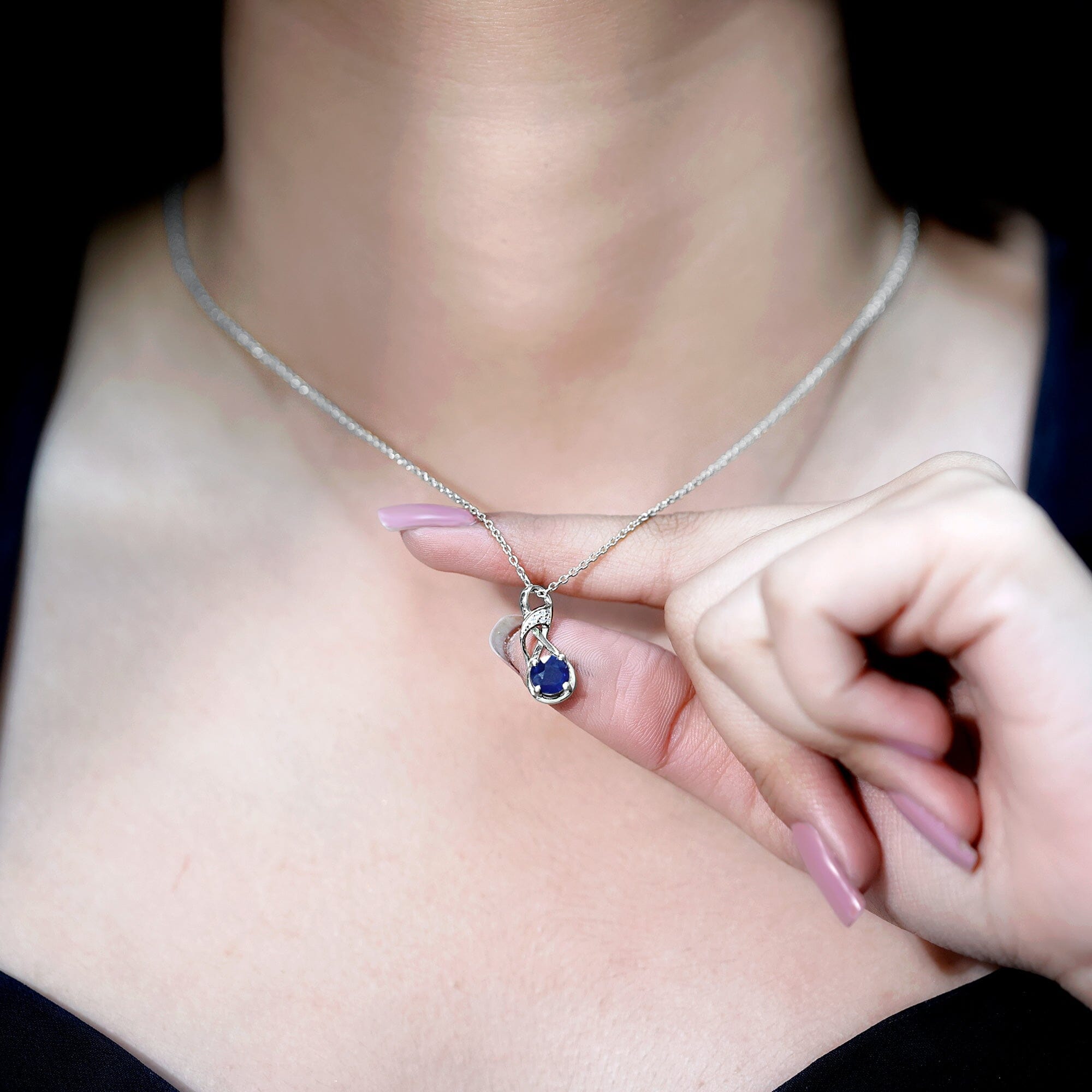 Natural 1 Carat Blue Sapphire Infinity Necklace with Silver ChainPendants