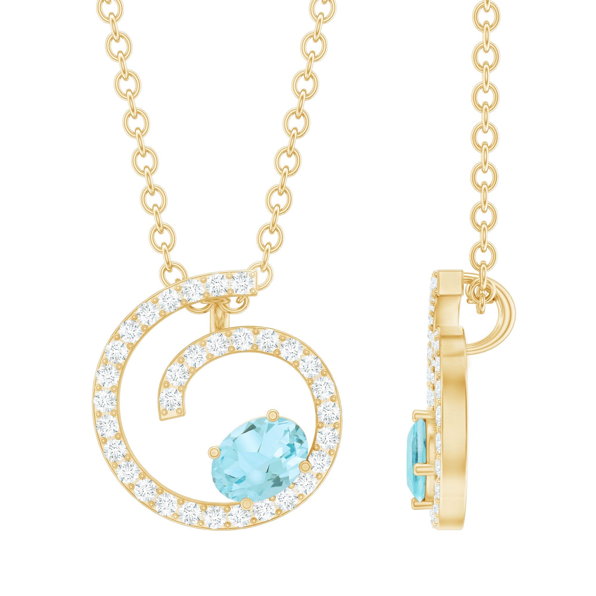 Genuine Sky Blue Topaz and Diamond Swirl Necklace with Silver ChainPendantsAAA14K Yellow Gold Plated Silver