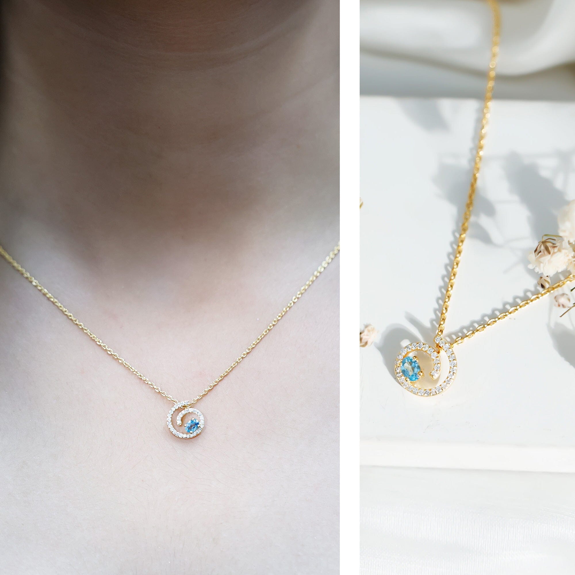 Genuine Sky Blue Topaz and Diamond Swirl Necklace with Silver ChainPendants