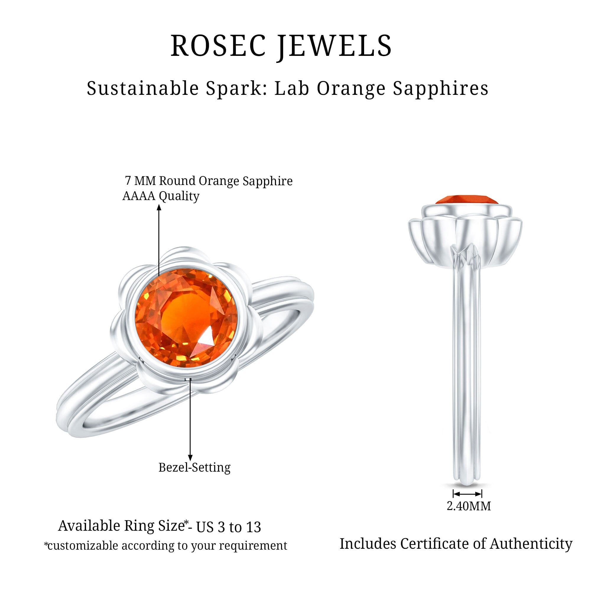 1.5 Carat Lab Grown Orange Sapphire Bezel Set Engagement RingRings