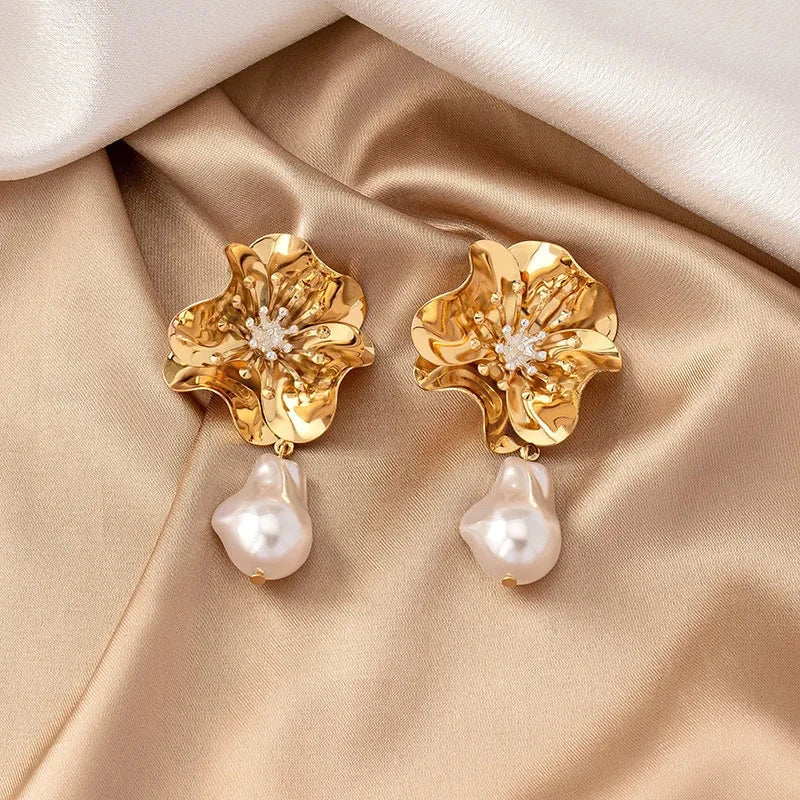 Flower Pearl Earrings for WomenGold-color