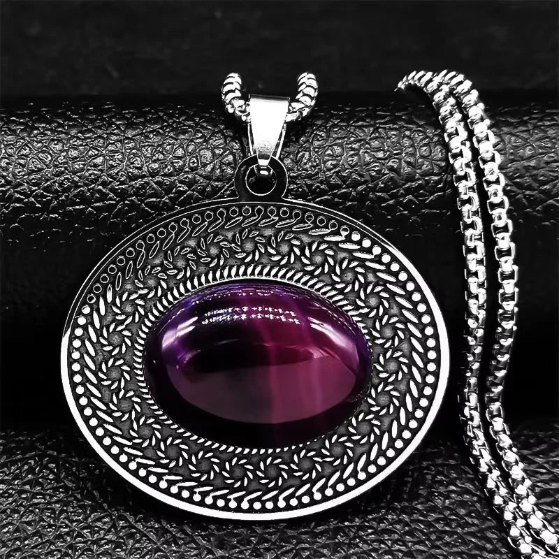 Bohemian oval stone pendant, Purple stone