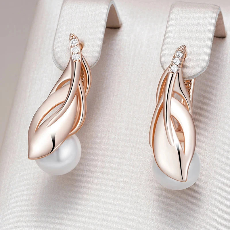 Pearl Leaf Drop Earrings – Rose Gold & Zircon