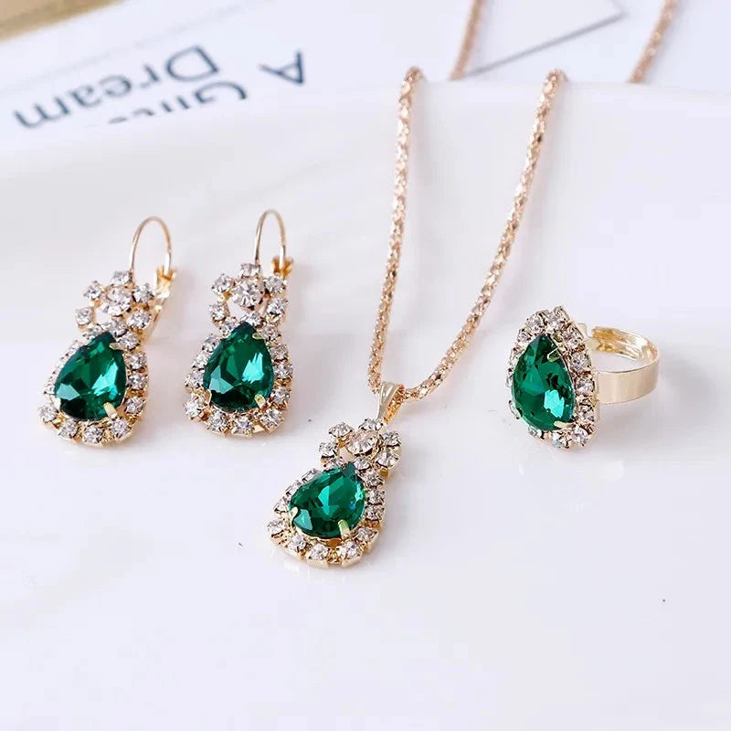 Blue Crystal Ring Necklace Earrings Set Wedding Jewelry SetsGreen