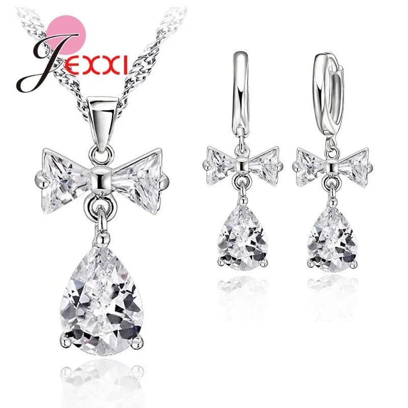 Trendy 925 Silver Color Jewelry Sets Cubic Zirconia Pendants Necklaces Charm Hoop Earrings Wedding Anniversary Gift For Women