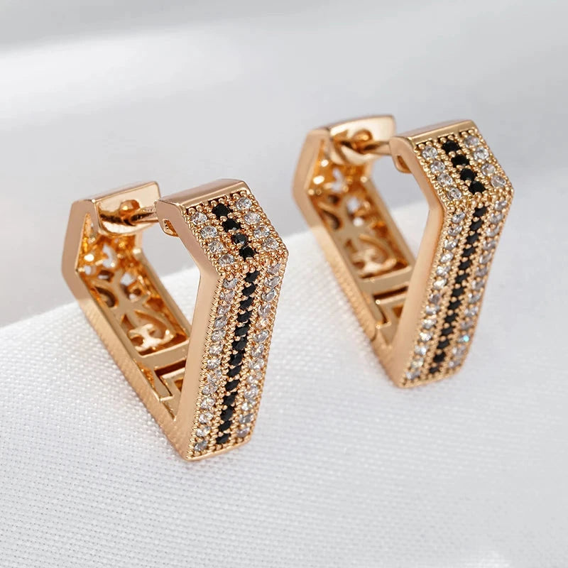 Unique Black White Stone V Shape 585 Rose Gold Earrings For WomenROSE GOLD COLOR
