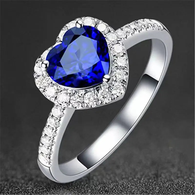 925 Sterling Silver Blue Ocean Heart Blue Gemstone RingBlue10