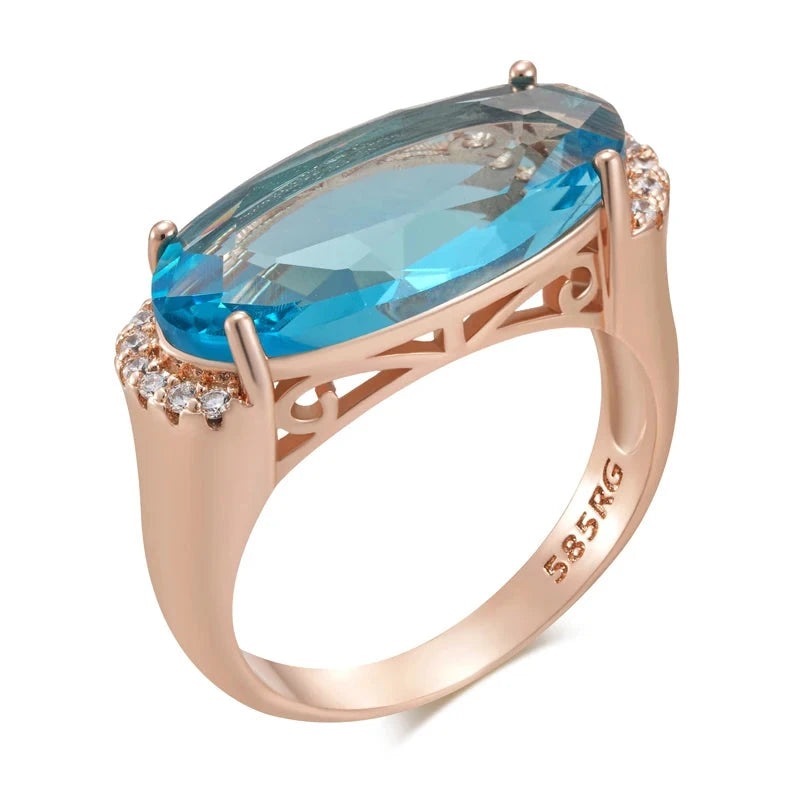 585 Rose Gold Blue Oval Ring for Women