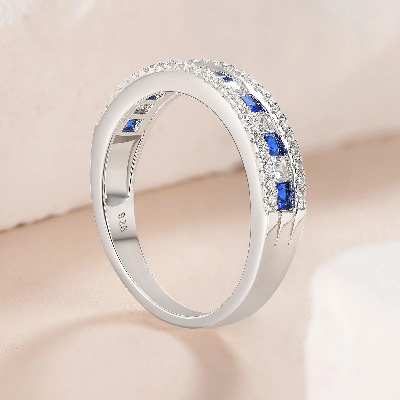 Princess Zircon Half Eternity Ring 925 Sterling Silver White Blue Sapphire Wedding Band