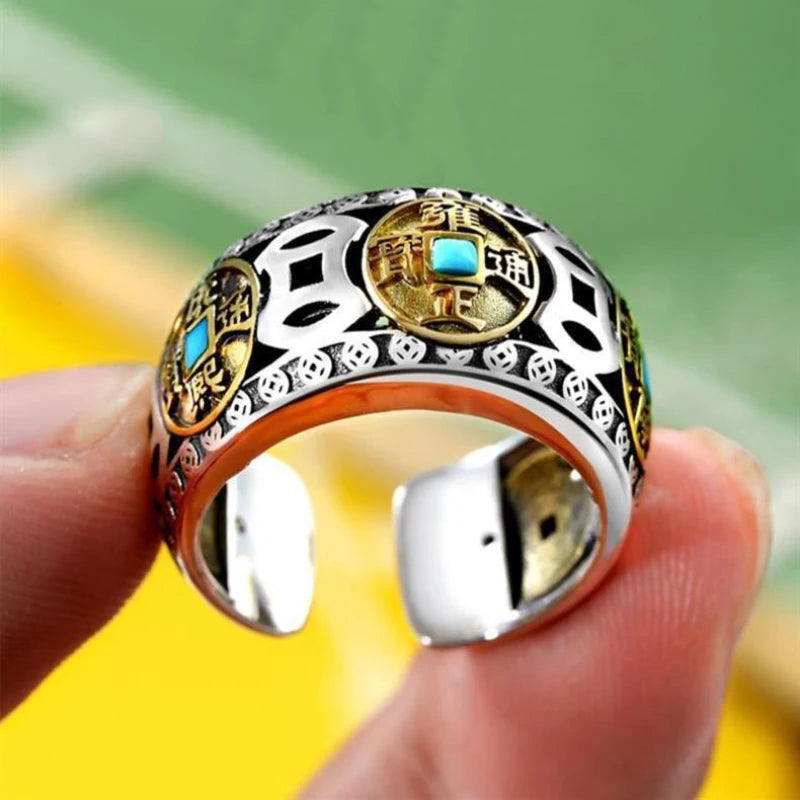 925 Silver Inlaid Copper Coin Turquoise Rotating Mens Rings Vintage Ethnic Style Classic Masculinity Banquet Jewelry OpeningBlueResizable