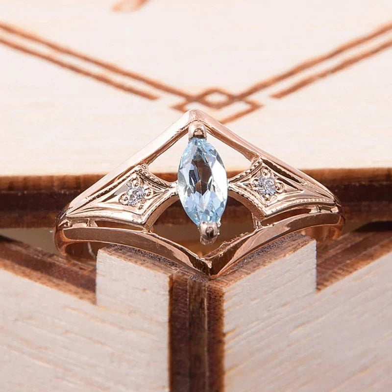 Rose Gold Marquise Blue Cubic Zirconia Elegant Women Rings