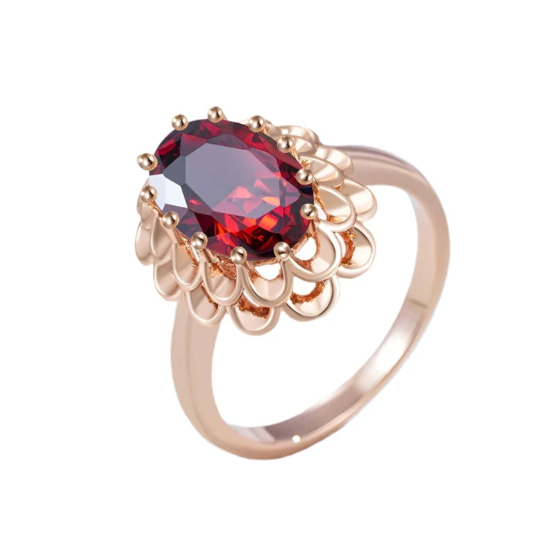 Oval Red Zircon Boho Glossy Large Rings for Women 585 Gold Color Vintage Party Wedding Jewelry Flower Charm Accessories Gifts