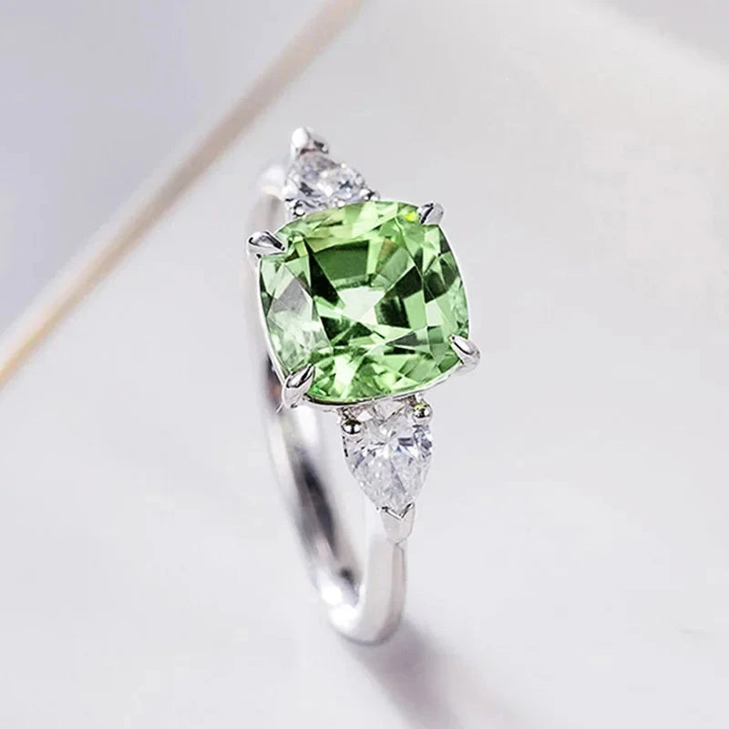 Elegant Green Zircon Square Ring in White Gold Tone