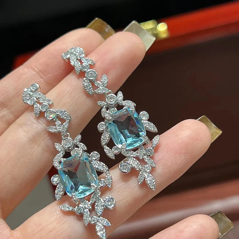 2023 Women Fashionable Blue Zircon Inlaid Diamond Aquamarine Earrings