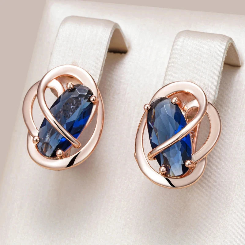 Luxury 585 Rose Gold Shiny Oval Blue Natural Zircon Dangle Earrings for Women