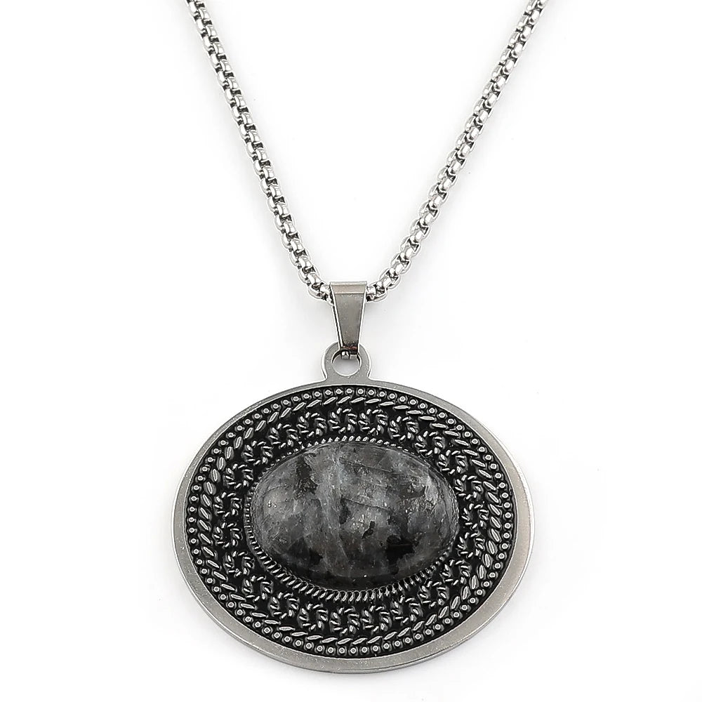 Bohemian oval stone pendant, Gray Flash stone