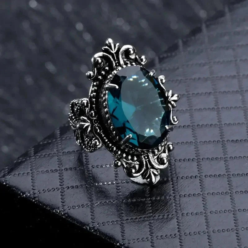Ethnic Bohemia Blue & Black Caved Ring