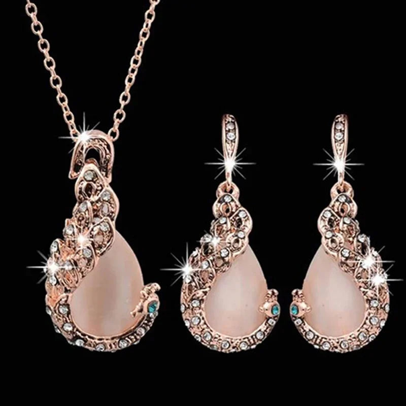 Bridal Opal Set Gold Plated Opal Jewelry Sets for Woman Water Drop Necklace Pendant Earrings