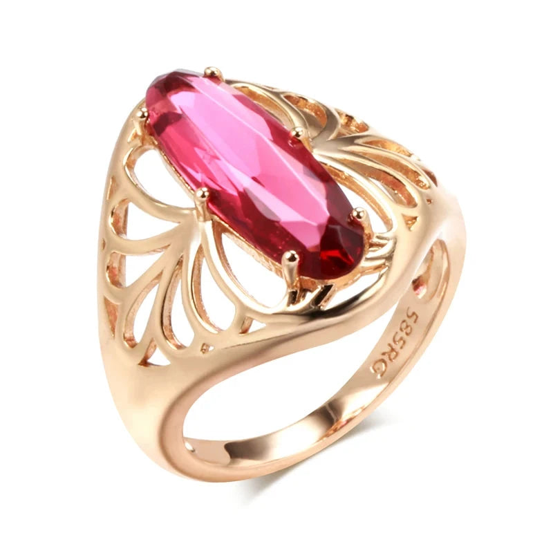 Oval Red Zircon Rose Gold Flower Ring for WomenRED7