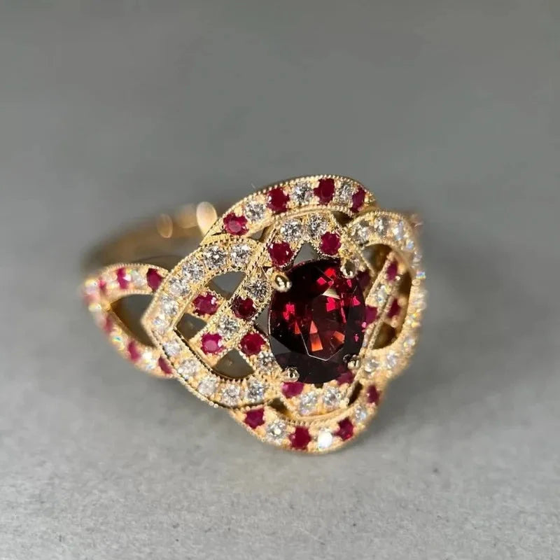 Retro Red Gemstone Ring – European & American Style