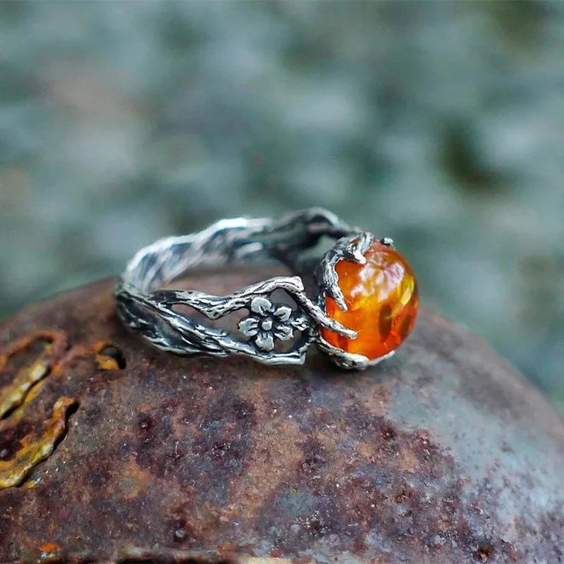 Silver Vintage Style Retro Amber Flower Ring for Men