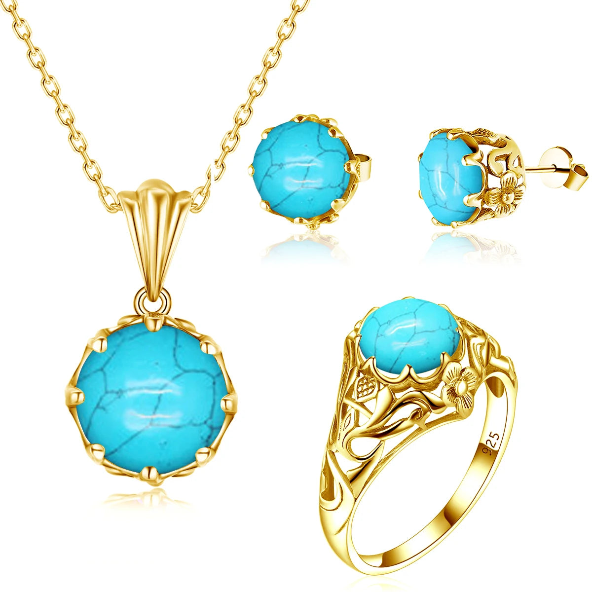 14K Gold Plated Jewelry Sets Real 925 Sterling Silver Turquoise Gemstones14K GoldCHINA