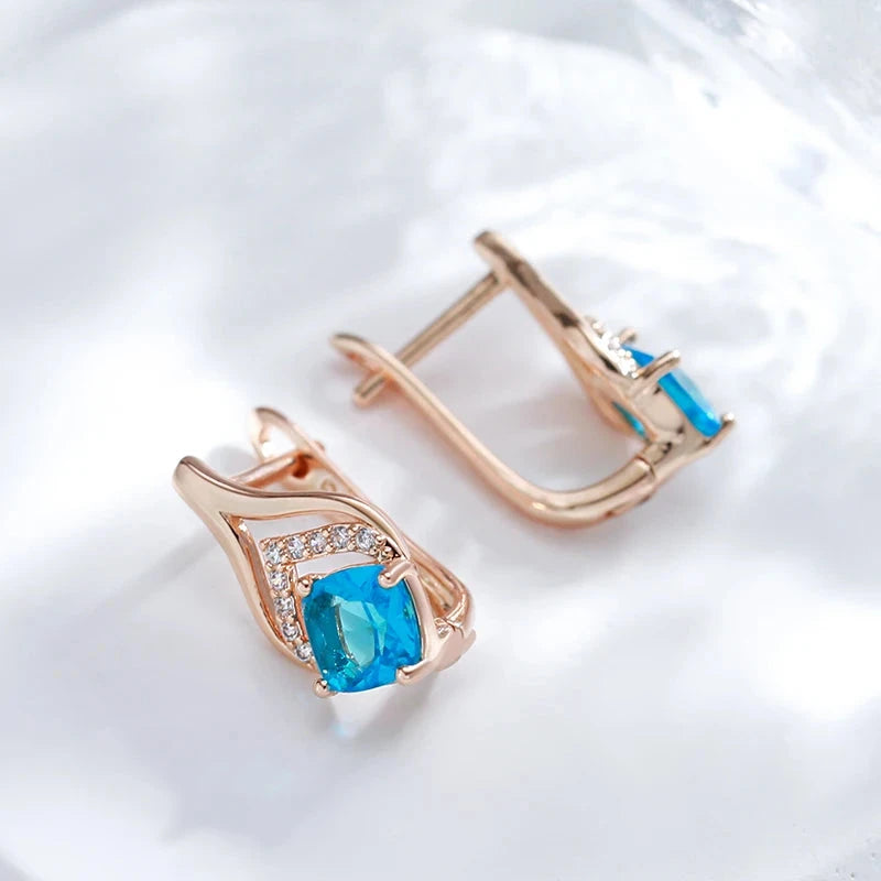 Rose Gold Square Blue Zircon Drop Earrings for Women
