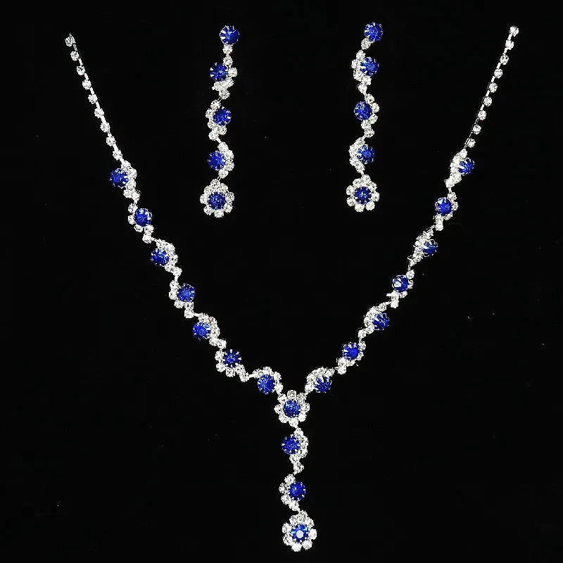 Luxury Blue Rhinestone Silver Plated Necklace Earrings Set Fashion