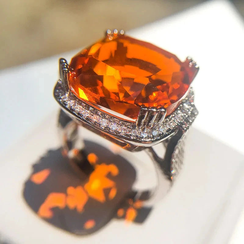 Sterling Silver Orange Zircon Geometric Ring for Women