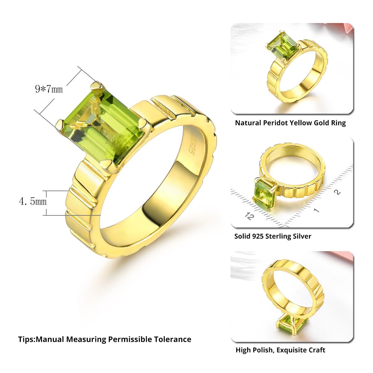 2.5 Carats Genuine Peridot Yellow Gold 925 Sterling Silver RingRing