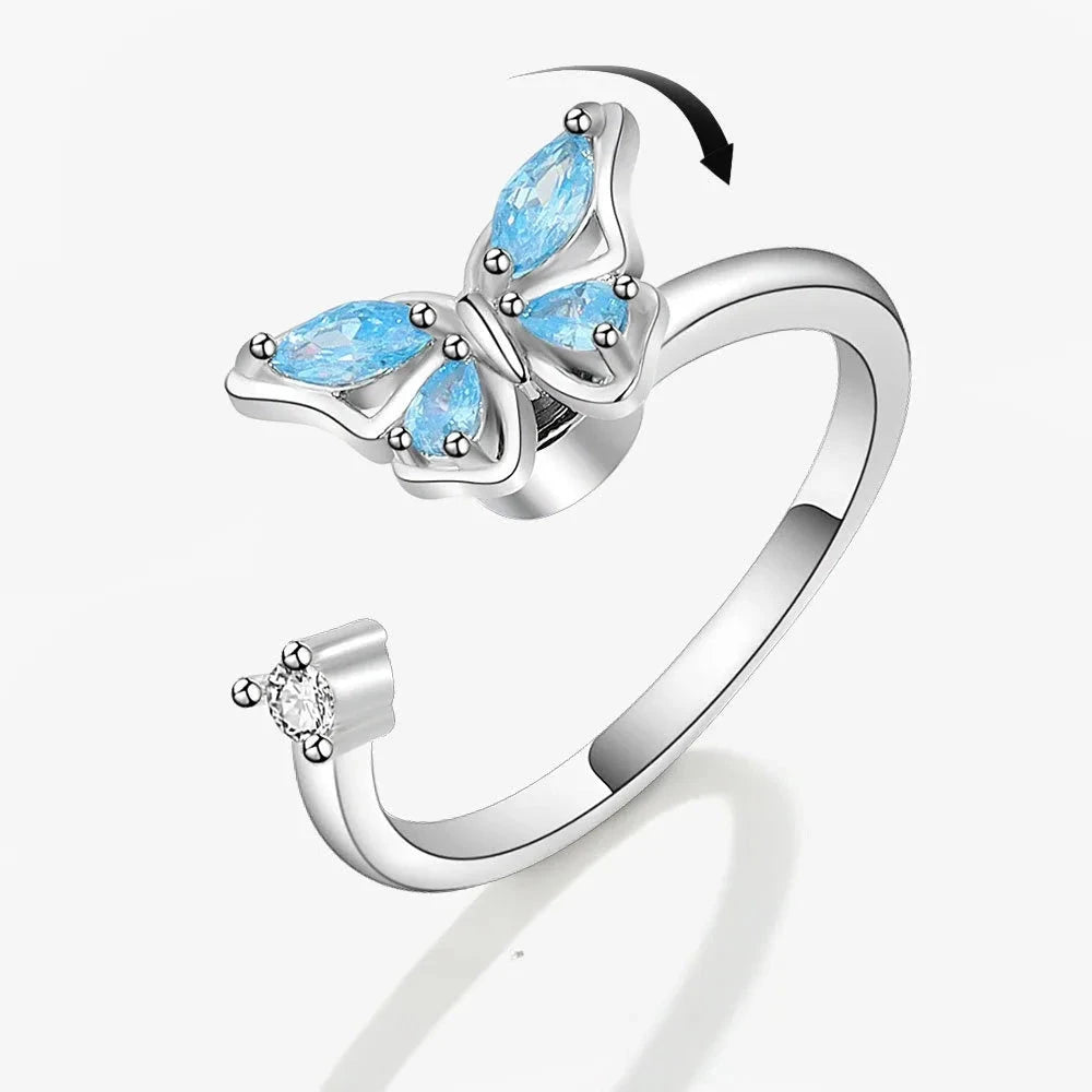 Rotate Crystal Butterfly Silver Ring for Women