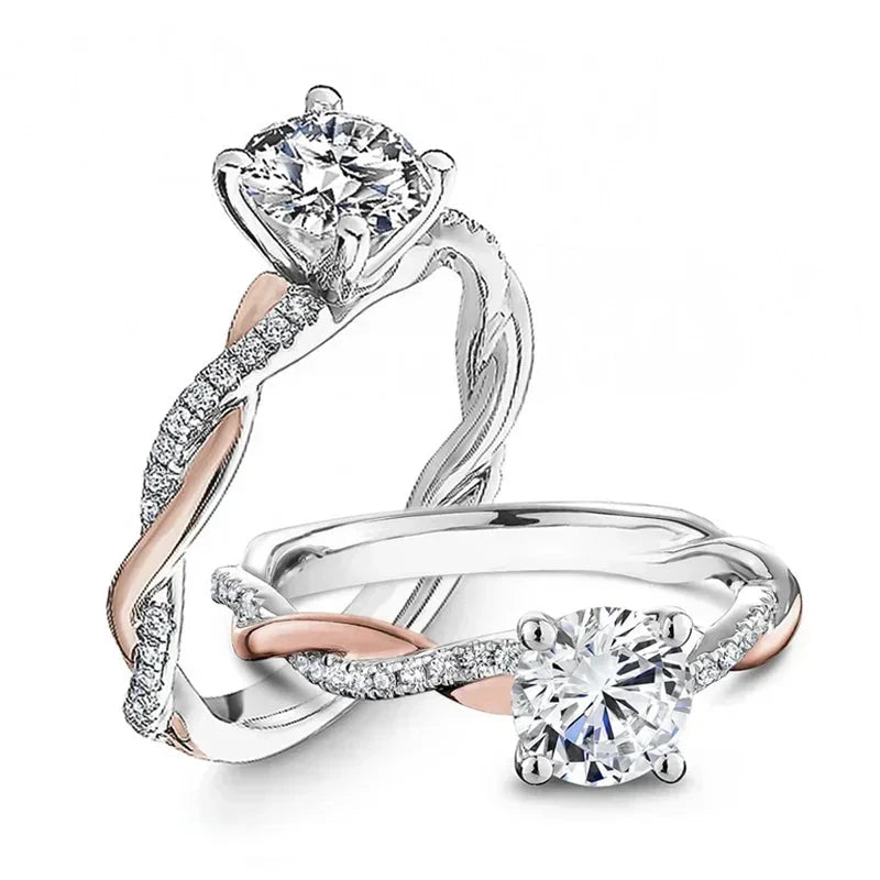 Huitan Delicate Two Tone Twist Women Rings Classic 4 Claw Design Shiny CZ Female Wedding Engagement Romantic Girl Gift New