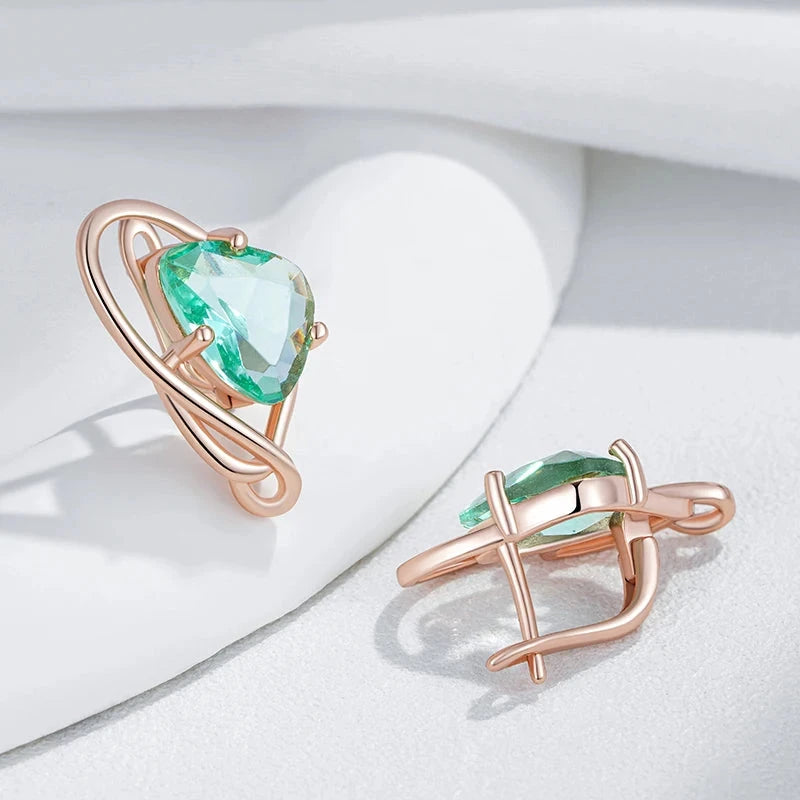 Rose Gold Color Drop Earrings with Light Green Stone