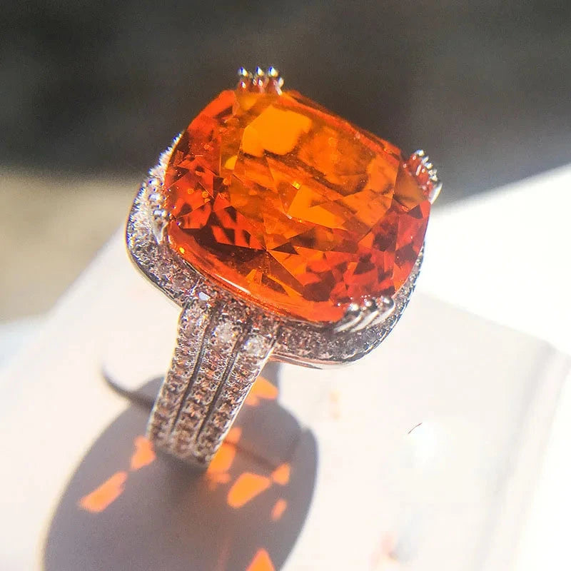 Sterling Silver Orange Zircon Geometric Ring for Women