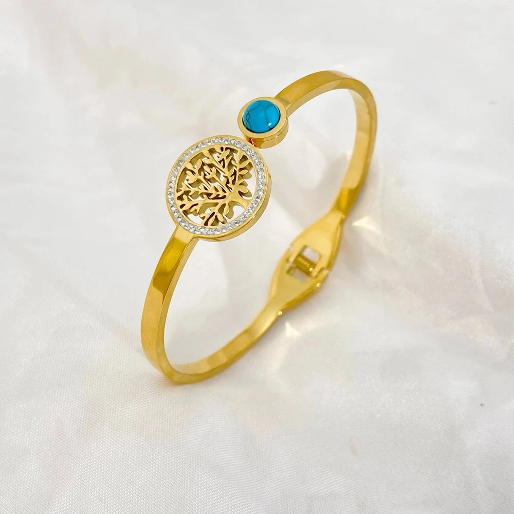 Unisex Tree of Life Bracelet – Gold CZ Luxury BangleD
