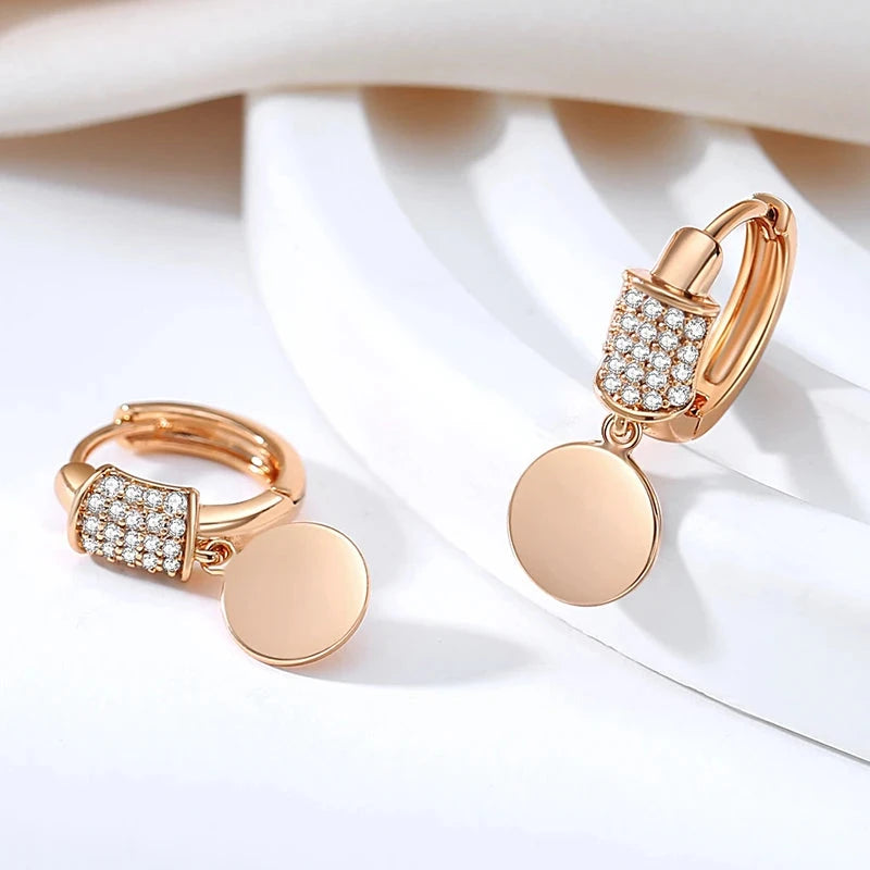 Glossy Rose Gold Disc Drop Earrings For Women