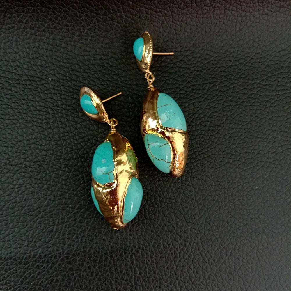 Blue Turquoise Yellow Gold Plated stud Earrings