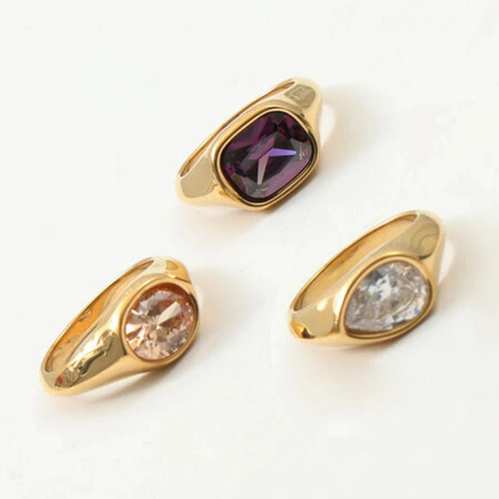Luxury Shiny Cubic Zirconia Stainless Steel Wedding Statement Ring PVD Gold Plated Fashion Waterproof Jewelry