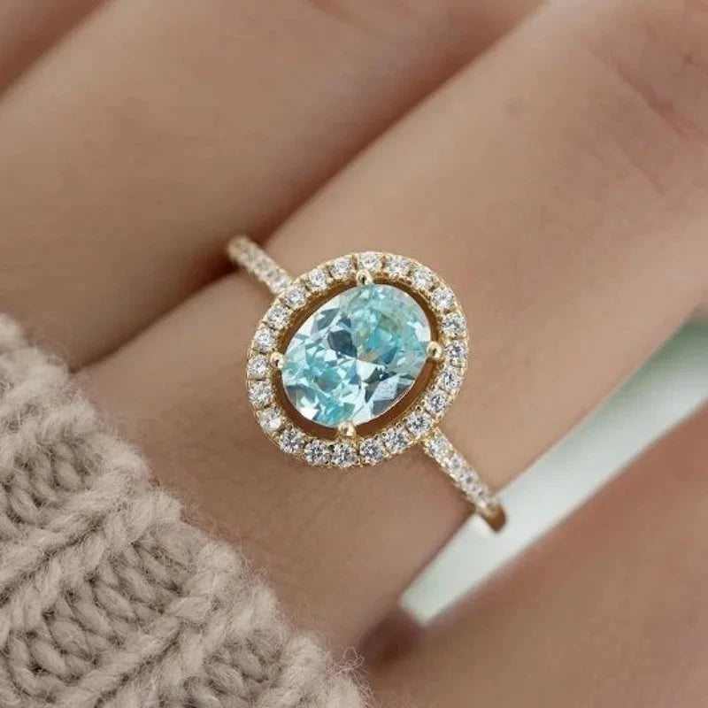 Elegant Gold Color Inlaid with White Blue Stone Rings Round Fashion Party Engagement Wedding Rings for Women Jewelry