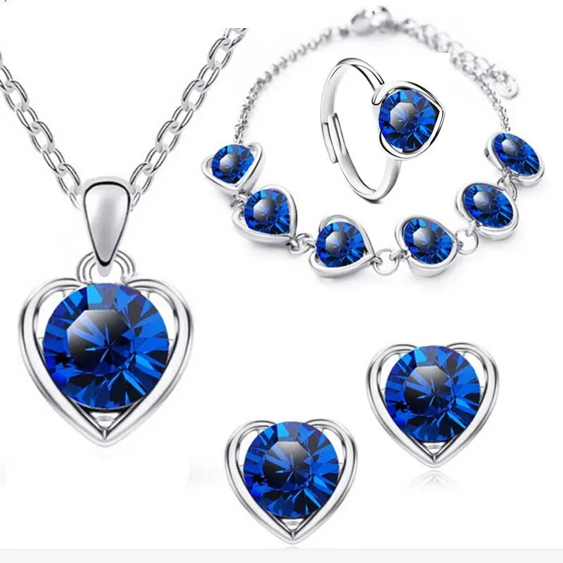 Blue Crystal Ring Necklace Earrings Set Wedding Jewelry SetsStyle2 BlueS