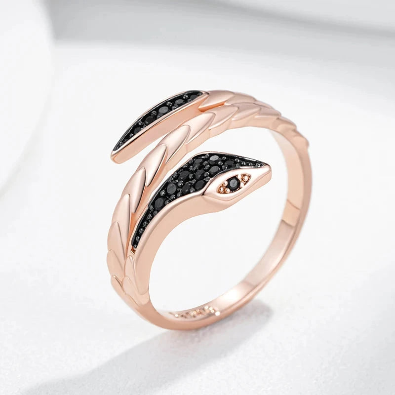 Punk Black Zircon Snake Ring – 585 Rose Gold Vintage Jewelry
