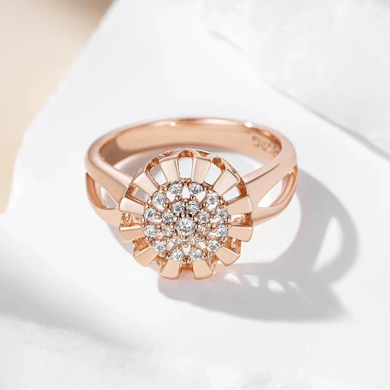585 Rose Gold Color Crystal Flower Bride Ring For Women