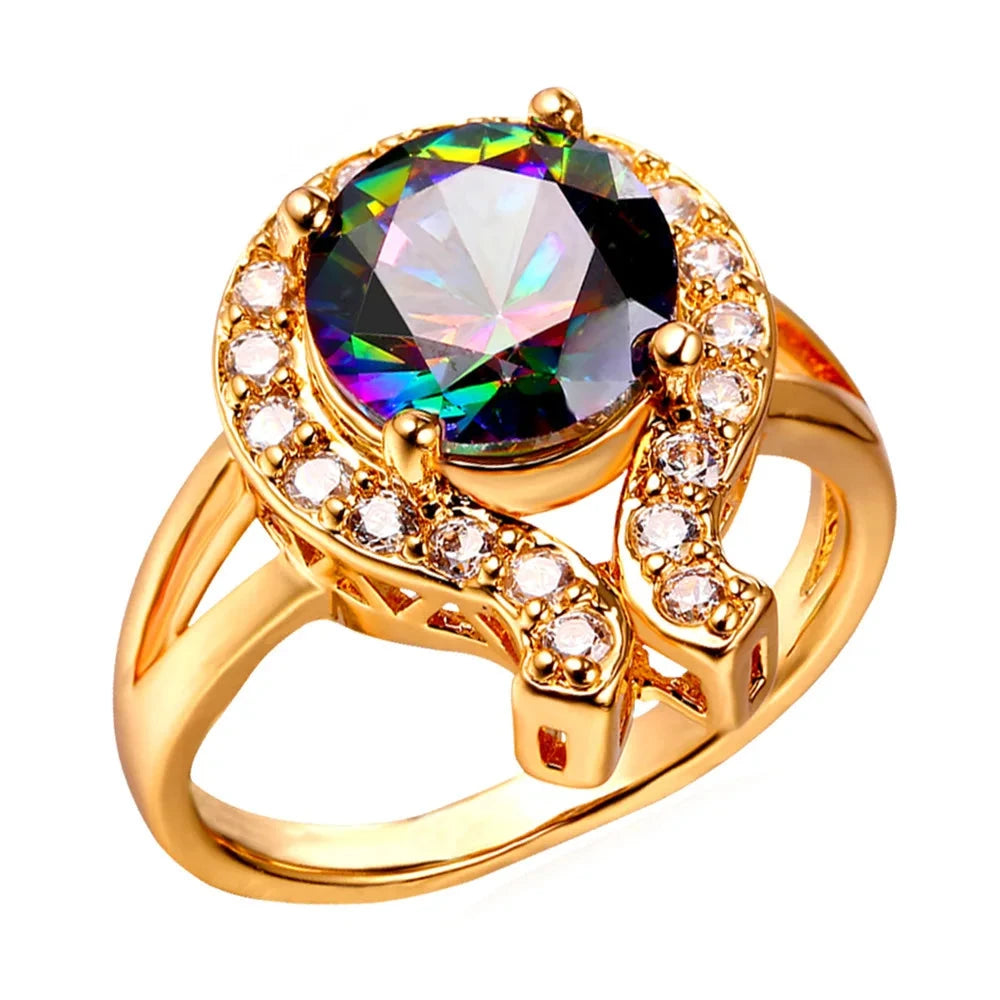 U7 White CZ Round Rainbow Topaz Gemstone RingsGold color8