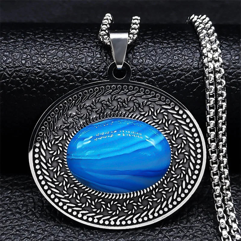 Bohemian oval stone pendant, Sky Blue Banded stone