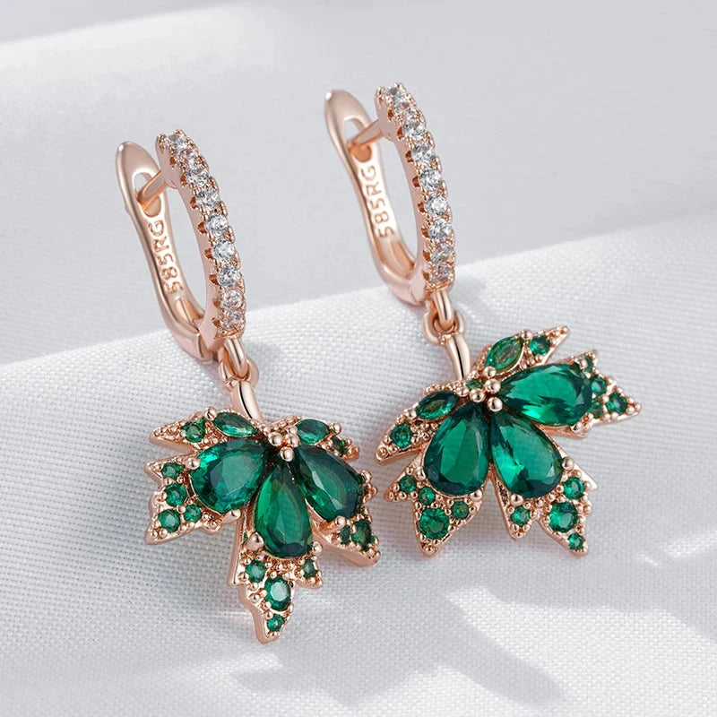 Shiny Green Zircon Maple Leaf Rose Gold Earrings for Women