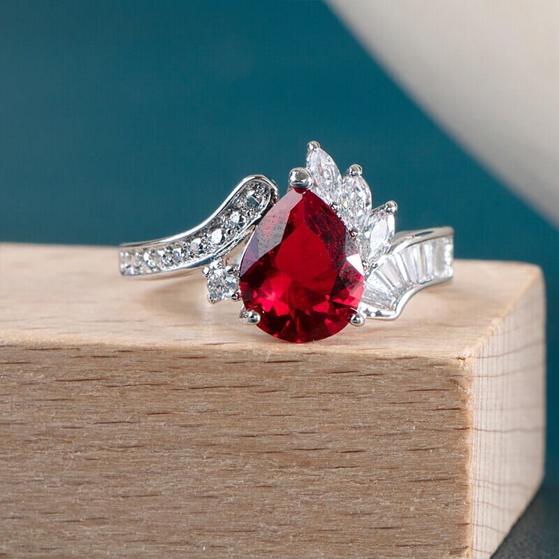 Water Drop Shaped Red Ruby Silver RingRingRed6